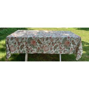Williams Sonoma Jacobean Red Green Yellow Cream Tablecloth 70" x 108"